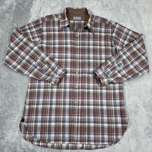 Vintage Pendleton Shirt Mens Large Brown Blue Plaid Wool Flannel Button Up USA - Picture 1 of 8